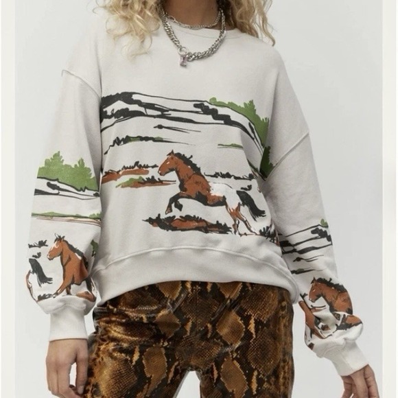 Daydreamer Free People Running Horses Oversized Crewneck Sweatshirt S Morn Fog - Picture 3 of 13